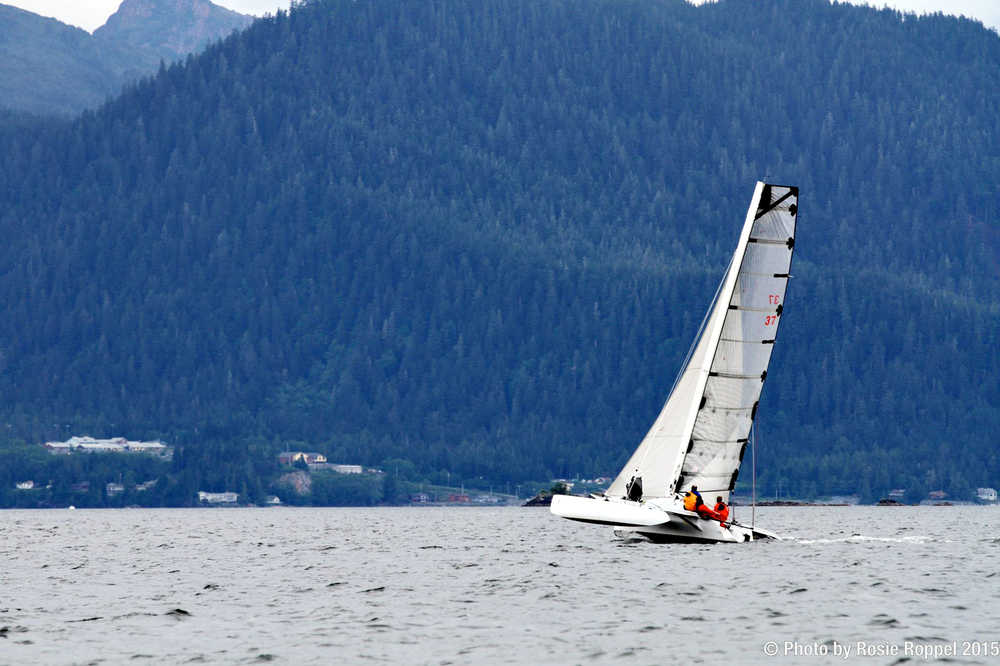 Race to Alaska winner Elsie Piddock in Tongass Narrows approaching Ketchikan. (Photo by Rosie Roppel)