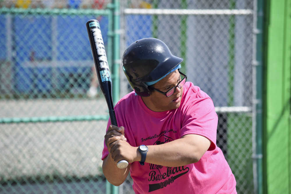Photo by Rashah McChesney/Peninsula Clarion  Elijah Stafford waits for a pitch during the annual World Series of Baseball event for community members with special needs on Friday June 19, 2015 in Soldotna, Alaska.