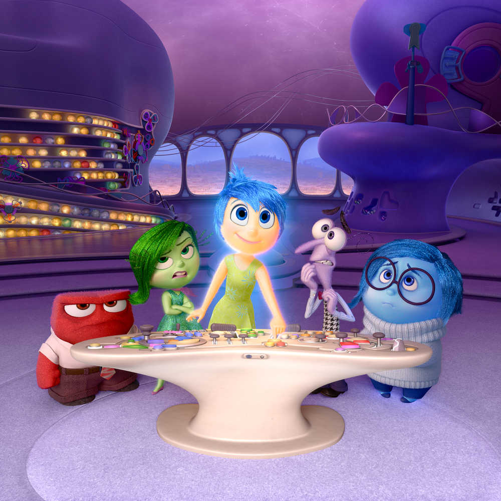 FILE - In this file image released by Disney-Pixar, characters, from left, Anger, voiced by Lewis Black, Disgust, voiced by Mindy Kaling, Joy, voiced by Amy Poehler, Fear, voiced by Bill Hader, and Sadness, voiced by Phyllis Smith appear in a scene from the animated film, "Inside Out," in theaters on June 19. (Disney-Pixar via AP, File)