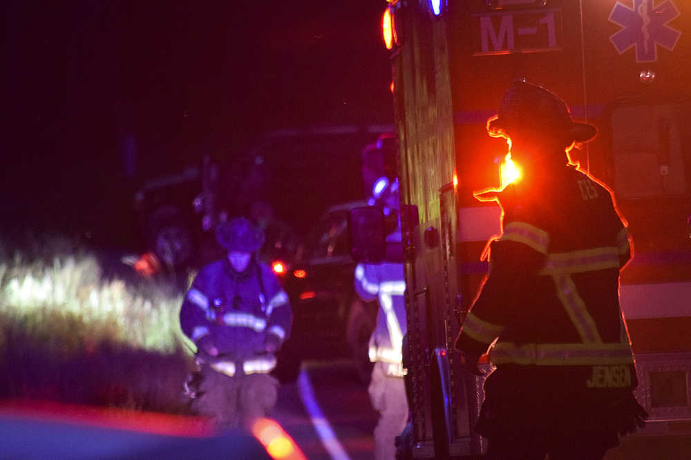 Photo by Rashah McChesney/Peninsula Clarion  Alaska State Troopers, Central Emergency Services firefighters and paramedics and Soldotna police responded to a high speed chase that ended on Funny River Road early Wednesday June 25, 2015 in Soldotna, Alaska.