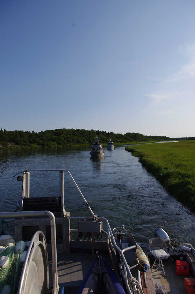 Homer-based drift gillnet boats the F/V Solstice and the F/V Indepence follow the F/V Eagle Claw through a braided stretch of the Kvichak River June 17, 2015. The boats traveled together from Pile Bay to Bristol Bay.