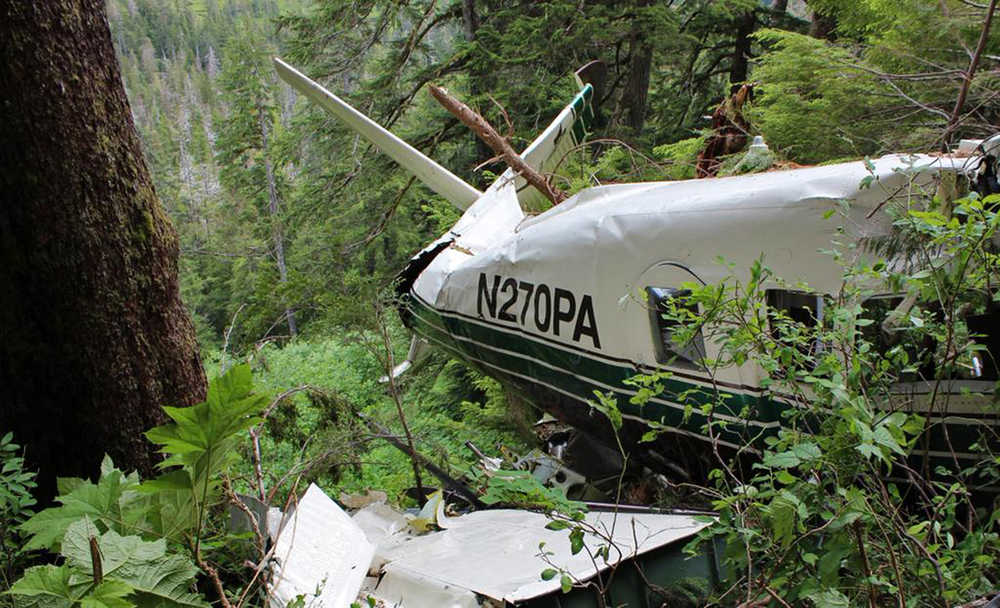 This photo, posted Sunday, June 28, 2015, on the Twitter page of the National Transportation Safety Board, shows the wreckage of a sightseeing plane that crashed in remote, mountainous terrain about 25 miles from Ketchikan in southeast Alaska on Thursday, June 25. All eight pasengers and the pilot were killed. The plane was on its way back from the Misty Fjords National Monument when it crashed. The eight victims were passengers on a cruise ship, and the side trip on a floatplane was sold through the cruise company Holland America. (National Transportation Safety Board via AP)