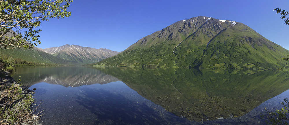Photo by Rashah McChesney/Peninsula Clarion  Right Mountain, to the right, and Wrong Mountain, straight ahead, overlook Crescent Lake in the Chugach National Forest.