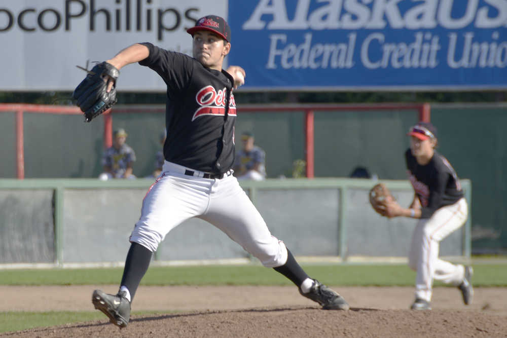 Ben Boettger/Peninsula Clarion Oilers pitcher Joe Mata stands and delivers in a game against the Mat Su Miners on Saturday, August 1 at Oilers Feild in Kenai.