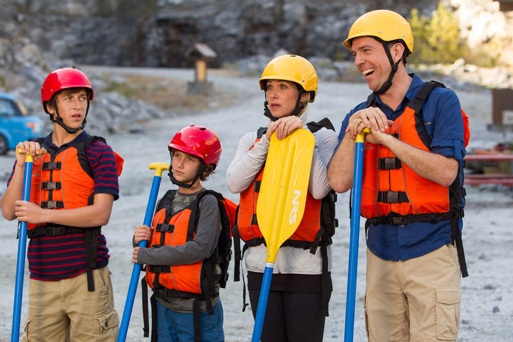 This photo provided by Warner Bros. Pictures shows, Skyler Gisondo, from left, as James Griswold, Steele Stebbins as Kevin Griswold, Christina Applegate as Debbie Griswold, and Ed Helms as Rusty Griswold, in a scene from New Line Cinema's comedy "Vacation," a Warner Bros. Pictures' release. (Hopper Stone/Warner Bros. Pictures via AP)
