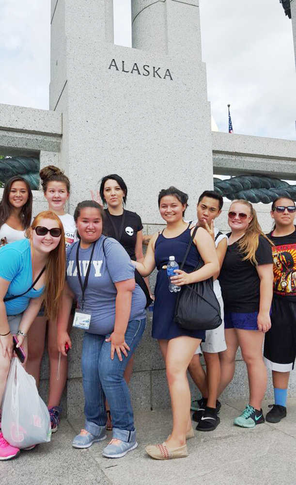 Kami Wright/Kenaitze Tribe Members of the Kenaitze Tribe's Gganiłchit Dena'ina Youth Council pose in front of the Alaska pillar of the National World War 2 Memorial in Washington, D.C during a trip that lasted from July 6 to July 16, 2015.