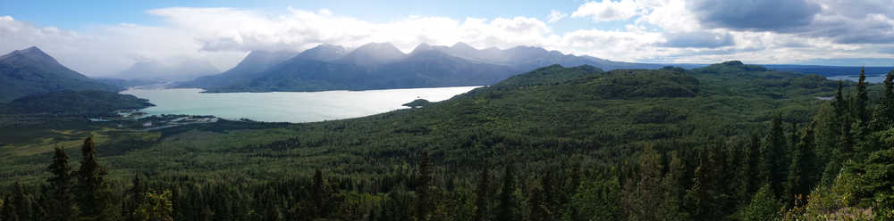 A panoramic view from the summit of Bear Mountain Trail. Hinton's Knob divides Skilak Lake into two sections. Skilak Lookout and Vista trails climb up opposite sides of Hinton's Knob. Photo by Nick Longobardi/USFWS.