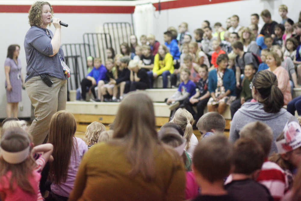 Sterling elementary school principal Denise Kelly speaks to students about this year's Positive Behavior Intervention Strategies program during  an assembly at Sterling Elementary School on Wednesday, August 19.