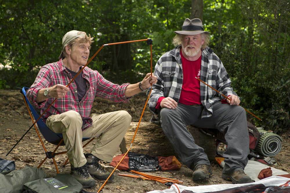 This photo provided by Broad Green Pictures shows, Robert Redford, left, as Bill Bryson and Nick Nolte as Stephen Katz taking in the view along the Appalachian Trail in the film, "A Walk in the Woods." The movie releases in U.S. theaters on Sept. 2, 2015.  (Frank Masi, SMPSP/Broad Green Pictures via AP)