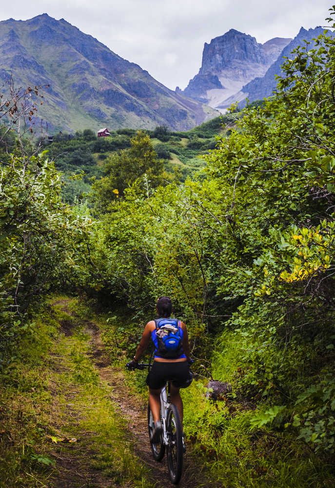 ADVANCE FOR WEEKEND OF AUG. 29-30, 2015. In this August 8, 2015 Christine Simko goes up a mellow section of trail on the way to Jumbo Mine near McCarthy, Alaska. Depending on who you ask, the 9-mile round trip from Kennecott Mill Town to Bonanza Mine is either "an easy one" or "unrelenting." Similar sentiments could be applied to the nearby Jumbo Mine trip, which is one mile longer and rises 3,400 feet. (Robin Wood/Fairbanks Daily News-Miner via AP)