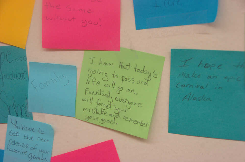Photo by Megan Pacer/Peninsula Clarion Sticky notes professing reasons to be hopeful cover a wall at Kenai Central High School on Thursday, Sept. 10, 2015 in Kenai, Alaska. Students at the school wrote three reasons to have hope on notes to contribute to the wall as part of an activity for Suicide Prevention Week.