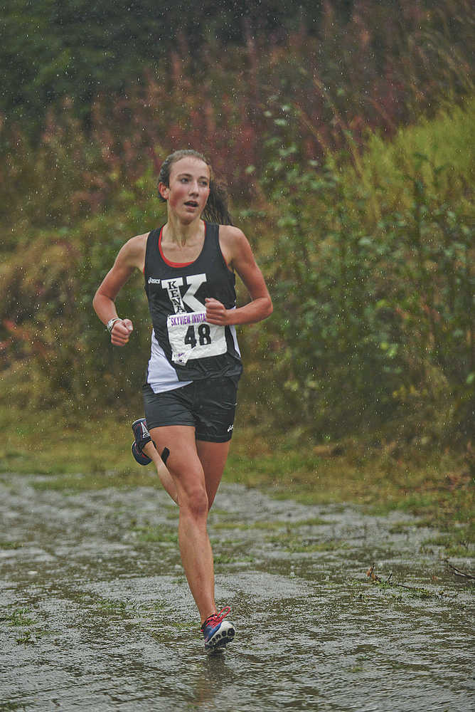 Photo by Rashah McChesney/Peninsula Clarion  Kenai Central's Riana Boonstra wins the girls varsity race with a time of 12:11.7 during the Kenai Peninsula Borough's cross country championships on Tuesday Sept. 15, 2015 in Soldotna, Alaska.