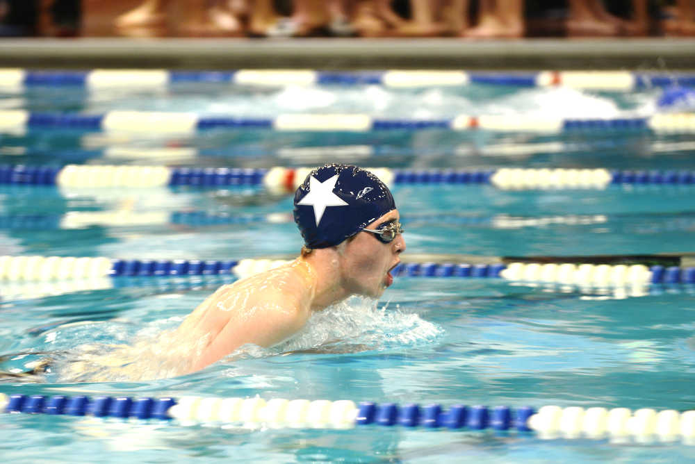 Ben Boettger/Peninsula Clarion Soldotna swimmer Jacob Creglow swims in the Soldotna Pentathlon at Soldotna High School on Friday, Sept. 26.