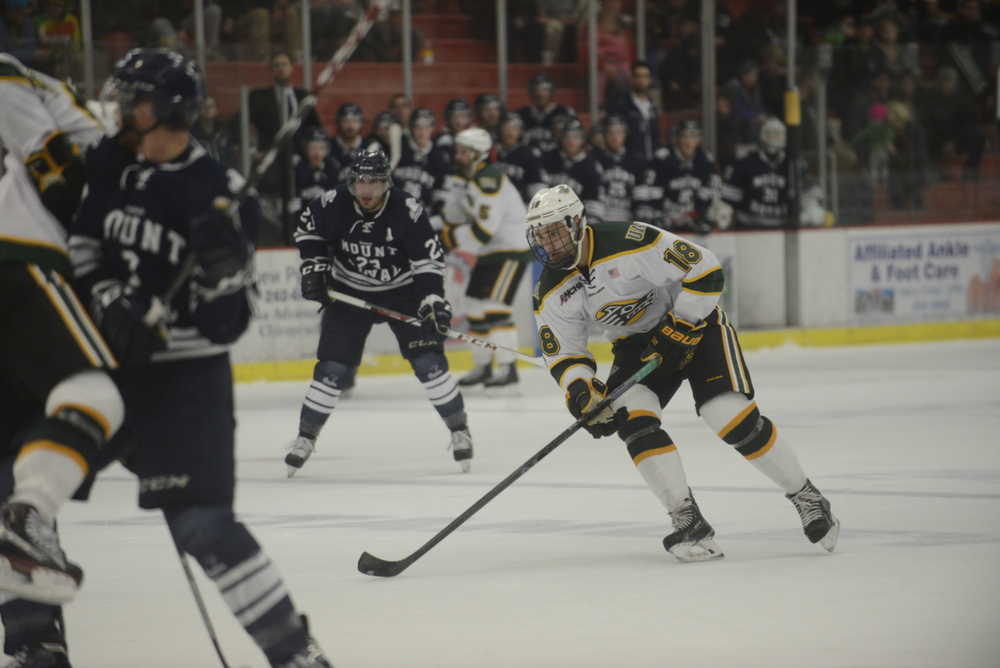 Photos by Kelly Sullivan/ Peninsula Clarion University of Anchorage Alaska Seawolves player Brad Duwe keeps a close eye on the action during the game against Mount Royal University Cougars Friday, Oct. 2, 2015, at the Soldotna Regional Sports Complex in Soldotna, Alaska.