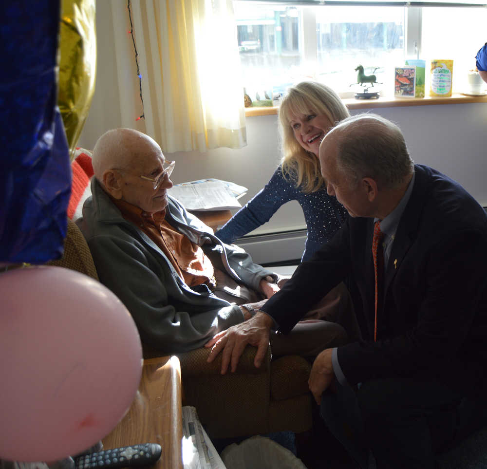 Gov. Bill and First Lady Donna Walker visit with Wendell Stout, at Homer's Friendship Terrace on Friday. Stout celebrated his 100th birthday Sept. 27. The Walkers were in Homer for the Southern Peninsula Senior Summit and the awards banquet of the Alaska Recreation and Park Association.