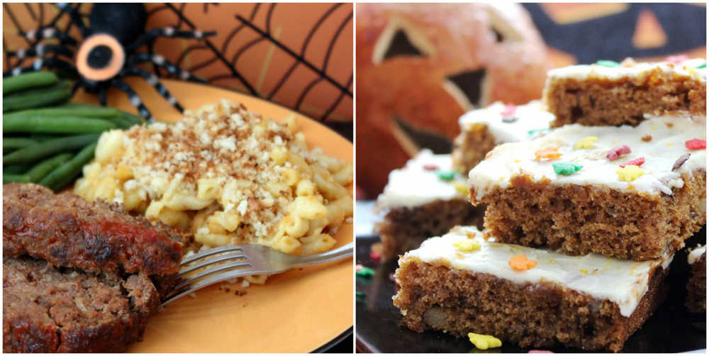 A meatloaf and mac 'n' cheese dinner, followed by homemade Frosted Pumpkin-Nut Bars, are good eating before a night of trick-or-treating fun.