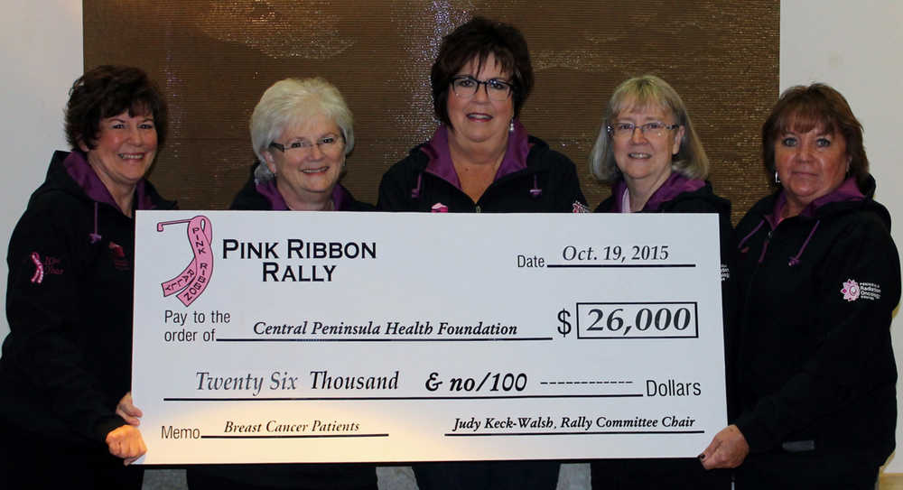 On Oct. 19, the Pink Ribbon Rally Committee presented a check in the amount of $26,000 to the Central Peninsula Health Foundation Breast Cancer Fund to be used for local breast cancer patients and to further awareness and prevention of this devastating disease. Funds were raised with the 10th Anniversary Pink Ribbon Rally Golf Event held on Aug. 2 at the Birch Ridge Golf Course. Pictured from left to right: Sharon Keating, Judy Imholte, Judy Keck-Walsh, Kathy Gensel (CPHF Director) and Sally Hoagland. Not pictured is committee member Barb Winker.