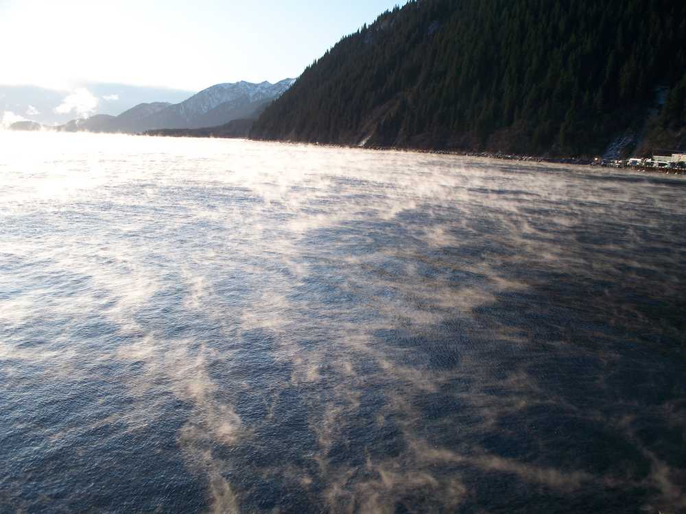 Seward's Resurrection Bay is routinely significantly warmer than the air, which produces steam, as shown in this Nov. 9, 2010 photo.