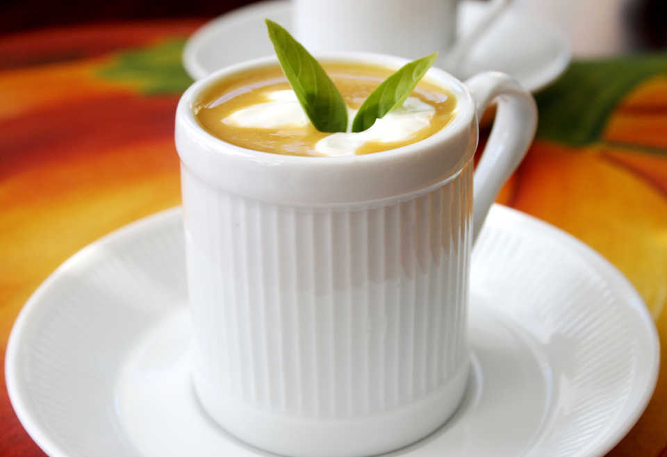 Jasper J. Mirabile Jr.'s "Pumpkin Soup En Cappuccino" is particularly suited for holiday meals. Mirabile suggests serving soup warm or "chilled in espresso cups as an aperitif."
