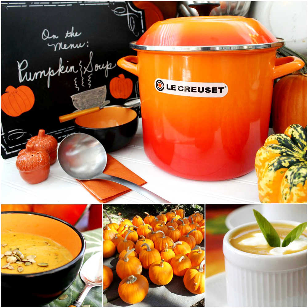 Pictured in the color "flame" and available in sizes from six to 20 quarts, you'll reach often for Le Creuset's enamel on steel stockpot throughout the soup-making season -  and beyond. Suitable for any heat source (gas, electric, induction or ceramic), use it for making soups such as Harry & David's Pumpkin Bisque (lower left) and Chef Jasper J. Mirabile Jr.'s "Pumpkin Soup En Cappuccino" (lower right).