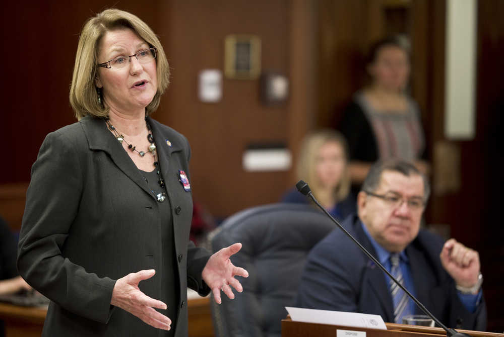 Sen. Anna MacKinnon, R-Eagle River, speaks in favor of the state's buyout of TransCanada before the Senate voted for the buyout at the Capitol on Tuesday.