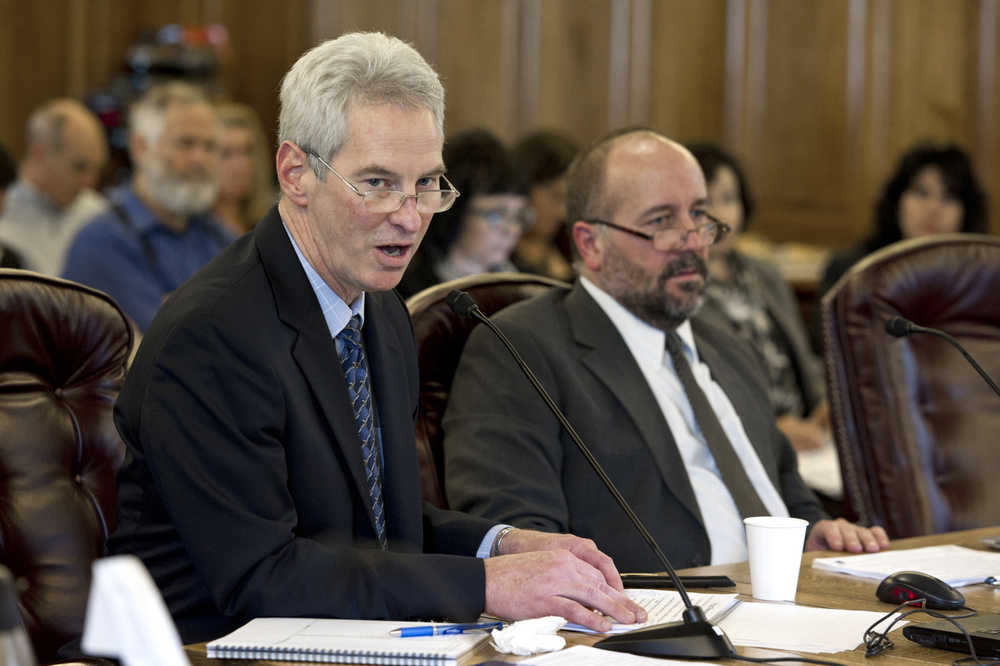 Frank Richards, vice president of Engineering and Program Development for the Alaska Gasline Development Corporation, left, and Joe Dubler, vice president of Commercial Operations for AGDC, speak to the House Finance Committee on Gov. Bill Walker's TranCanada buyout proposal at the Capitol on Tuesday.