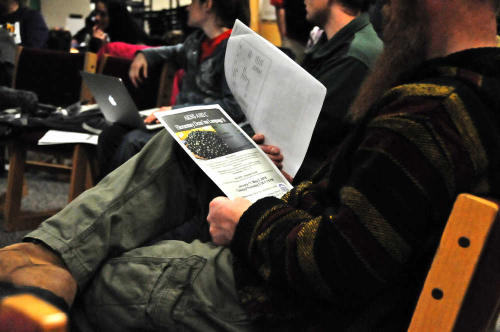 Photo by Elizabeth Earl/The Peninsula Clarion The approximately 40 people who attended the Dena'ina language forum on Thursday heard about the basics of the language and the efforts to revive it.