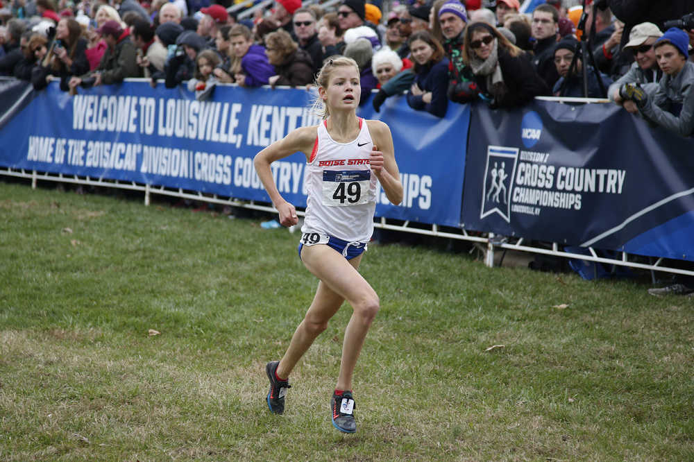 Photo courtesy of Boise State by Joe Robbins Soldotna's Allie Ostrander, a Boise State freshman, runs to a second-place finish Saturday at the NCAA Division I Cross Country Championships in Louisville, Kentucky.