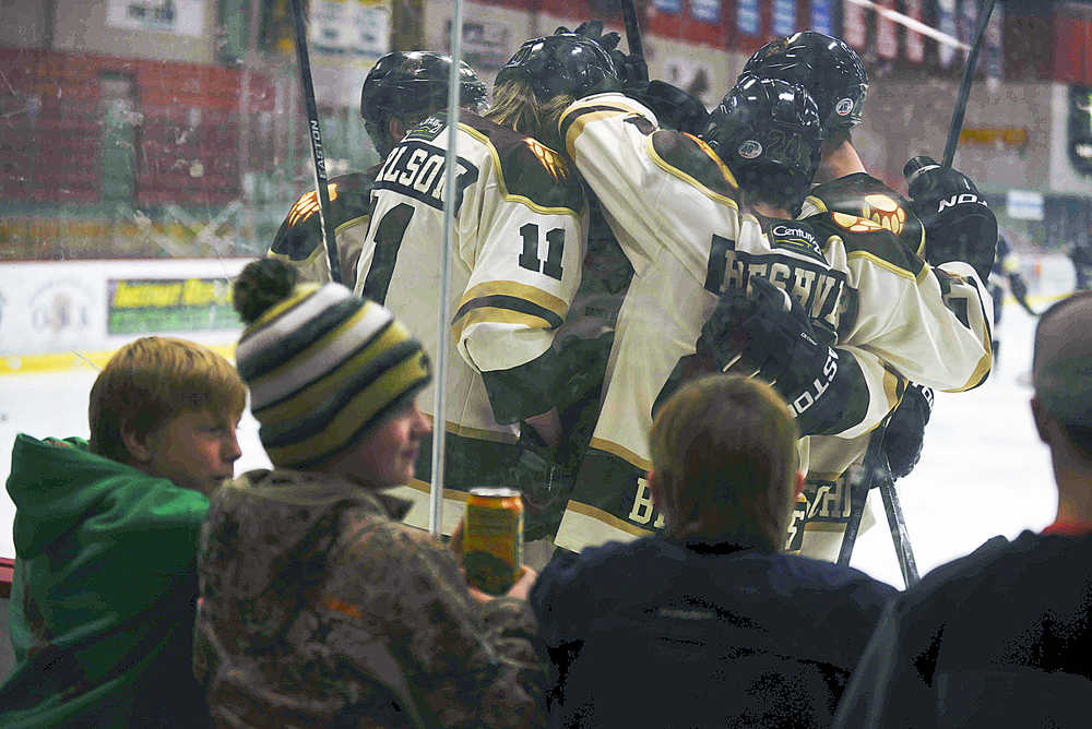Photo by Rashah McChesney/Peninsula Clarion  Members of the Kenai River Brown Bears celebrate after a goal during their game against Janeseville Jets on Friday Nov. 20, 2015 in Soldotna, Alaska.