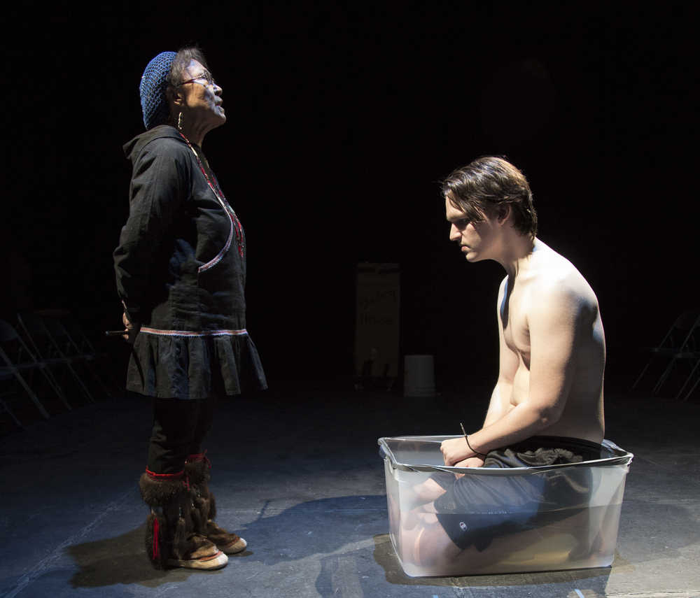 Courtesy art/Maya Salganek, UAF Actors Louise Leonard, left, and Jacob Holley-Kline, right, face off in one of the darker scenes in Jack Dalton's play, "Assimilation" during a performance in Fairbanks, Alaska. The play neared the end of its tour with a Monday performance at the McLane Commons at Kenai Peninsula College in Soldotna, Alaska.