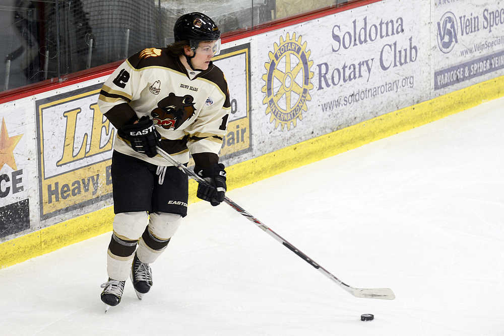 Photo by Rashah McChesney/Peninsula Clarion  Kenai River Brown Bears' Charles Spetz looks for an opening during a game against the Fairbanks Ice Dogs on Friday Dec. 4, 2015 in Soldotna, Alaska. The Ice Dogs beat the Brown Bears 4-1.