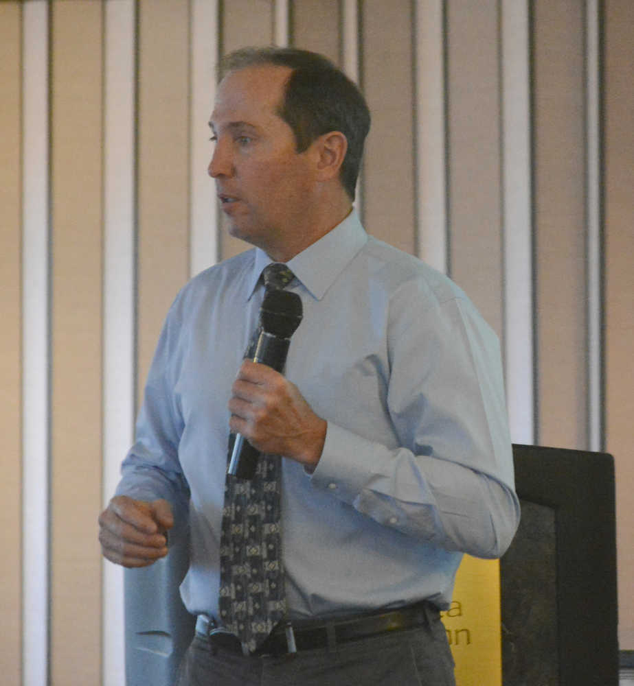 Kenai Peninsula Borough Mayor Mike Navarre speaks at the Kachemak Bay Rotary Club meeting on Dec. 3 at the Bidarka Inn in Homer.