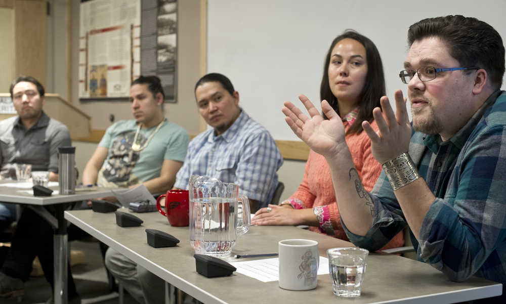 David R. Boxley of Metlakatla, far right, discusses the future of Northwest Coast indigenous art at the Walter Soboleff Center on Thursday along with artists, from left to right,  Rico Worl of Juneau, Nick Galanin of Sitka, moderator Xhunei Lance Twitchell of Juneau, and Alison Bremner of Yakutat. The panel was the final lecture in a series put on by Sealaska Heritage Institute in honor of Native American Heritage month.