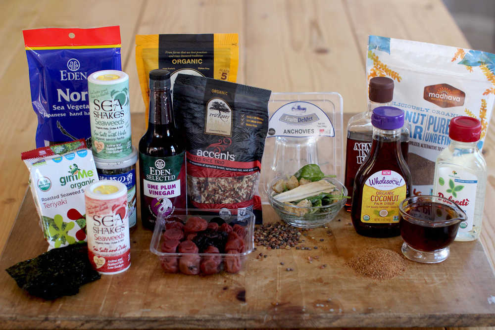 This Nov. 16, 2015, photo, shows seaweed products including seaweed snacks and seasonings, ume plum vinegar and pickled ume plums, sprouted rice and sprouted beans, anchovies, alternative sweeteners made from apples, coconut and agave in Concord, N.H. These are up-and-coming ingredients worth watching for the new year. (AP Photo/Matthew Mead)