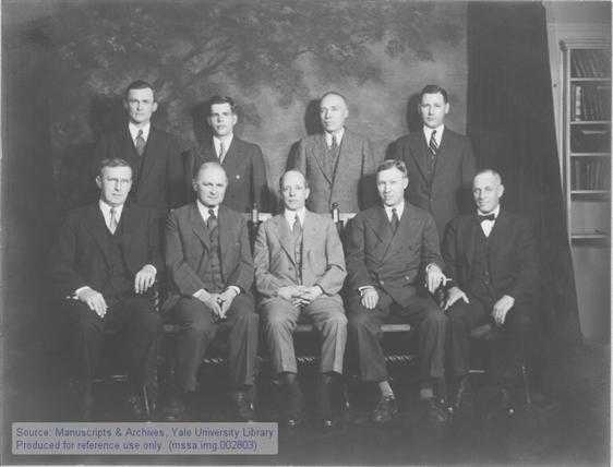 Courtesy photo/Yale University Library  Professor Harold J. Lutz, standing (back row, left) among Yale School of Forestry colleagues in 1936, was the first to recognize the hybrid spruce that bears his name from specimens he collected near Cooper Landing.