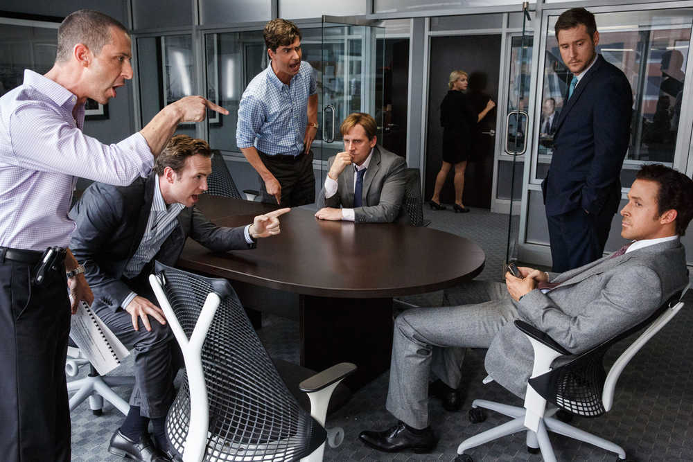 This photo provided by Paramount Pictures shows Jeremy Strong, from left, as Vinny Peters, Rafe Spall as Danny Moses, Hamish Linklater as Porter Collins, Steve Carell as Mark Baum, Jeffry Griffin as Chris and Ryan Gosling as Jared Vennett, in the film, "The Big Short," from Paramount Pictures and Regency Enterprises. (Jaap Buitendijk/Paramount Pictures via AP)