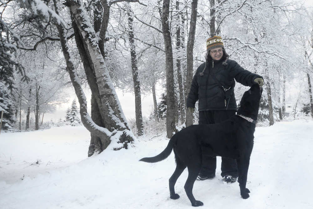 Ben Boettger/Peninsula Clarion Abbie Madrid gives a treat to her 6-year-old Lab mix Willow as the two walk a trail on Wednesday Jan. 13 in Kenai's municipal park.