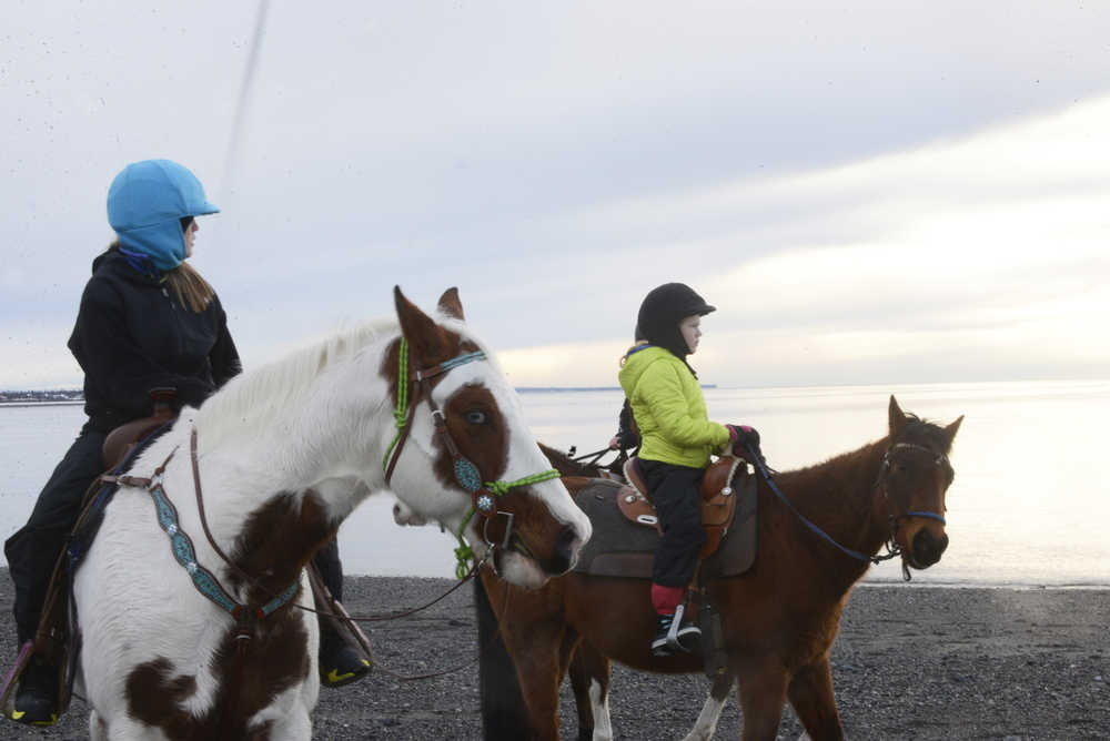 Photo by Megan Pacer/Peninsula Clarion Owner of Alaska C & C Horse Adventures Connie Green, left, rides along the beach with Braveheart, center, and Sierra Craven, right, on Monday, Jan. 18, 2016 in Kenai, Alaska.
