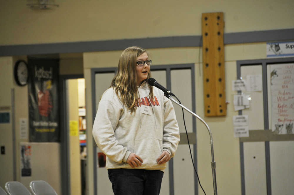 Photo by Elizabeth Earl/Peninsula Clarion Josie Moore, a sixth-grader at Soldotna Elementary School, took first place at the school's spelling bee Wednesday. Moore, who also won last year, will go on to the state spelling bee in Anchorage to compete.