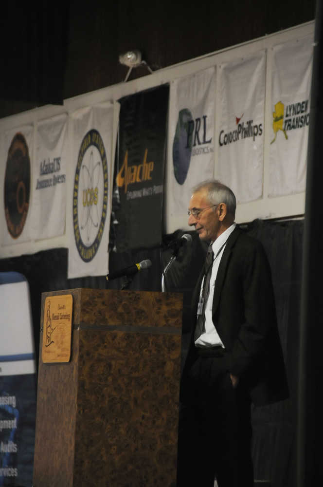 Photo by Elizabeth Earl/Peninsula Clarion Pete Sprague, the mayor of Soldotna, presented an update on the city's finances and projects at the annual Industry Outlook Forum at the Old Carr's Mall in Kenai Thursday.