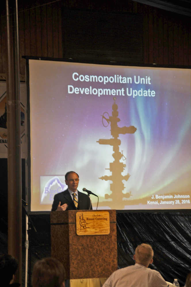 Photo by Elizabeth Earl/Peninsula Clarion BlueCrest Energy President Benjamin Johnson addressed the crowd at the annual Industry Outlook Forum in Kenai's Old Carr's Mall on Thursday. Johnson said the oil development in BlueCrest's Cosmopolitan Unit is on track, but the gas development is on hold.