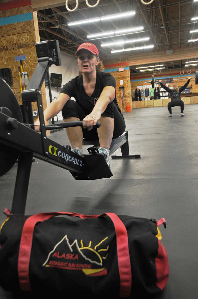 Photo by Elizabeth Earl/Peninsula Clarion Nancy Saylor of the Alaska Midnight Sun Rowing Association coaches rowing classes Mondays and Wednesdays at Crossfit Kainos in Soldotna.