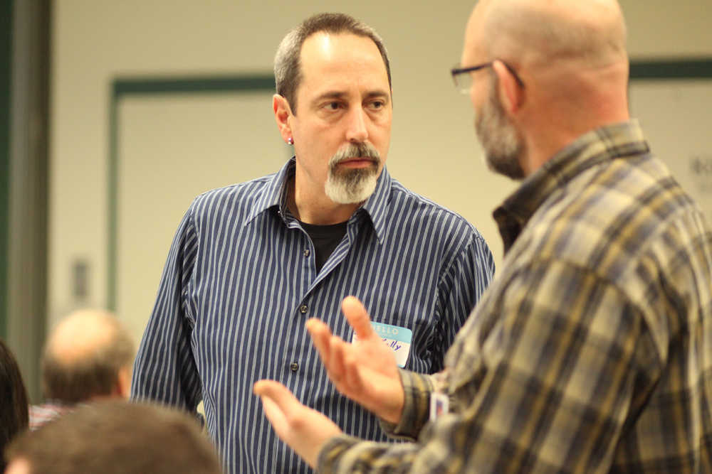 Photo by Kelly Sullivan/ Peninsula Clarion New Board of Education member John "Zen" Kelly spent his second day as District 9 representative at a meeting held by the school district that involved students, business owerns, board members and school administrators Tuesday, Feb. 2, 2016, at the Challenger Learning Center of Alaska in Kenai, Alaska. The focus of the gathering was to make connections between constituents and legislators to increase community involvement in advocacy for education.