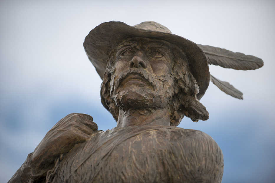 Ott Jones' sculpture of Jim Bridger looks west from the Bozeman Chamber of Commerce on South 19th Avenue in Bozeman on Jan. 27, 2015. Bridger, depicted in the Oscar-nominated film "The Revenant," was a mountain man, trapper and scout that explored much of the Gallatin Valley and the West in the early 19th century. (Ben Pierce/Bozeman Daily Chronicle via AP)