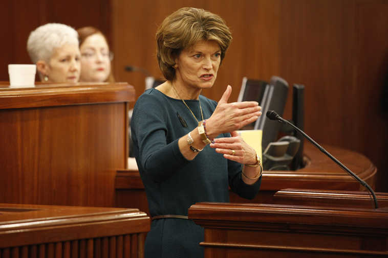 Sen. Lisa Murkowski, R-Alaska, gives her annual address to Alaska lawmakers on Wednesday, Feb. 17, 2016, in Juneau, Alaska. Murkowski cautioned lawmakers against federal encroachment during the final months of President Barack Obama's presidency.  (AP Photo/Rashah McChesney)