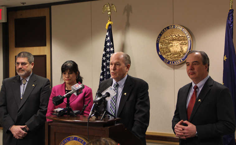 From left to right, Alaska Gasline Development Corp. acting CEO Dave Cruz, BP (Exploration) Alaska President Janet Weiss, Gov. Bill Walker and ConocoPhillips Alaska President Joe Marushack, discuss the progress of the Alaska LNG Project at a press conference in Anchorage on Feb. 17. The four partners committed to continue work on the project through the rest of the year, but are weighing options on how to proceed as depressed oil prices have hammered the bottom lines for North Slope producers and the state budget. (Photo by Elwood Brehmer/Alaska Journal of Commerce)