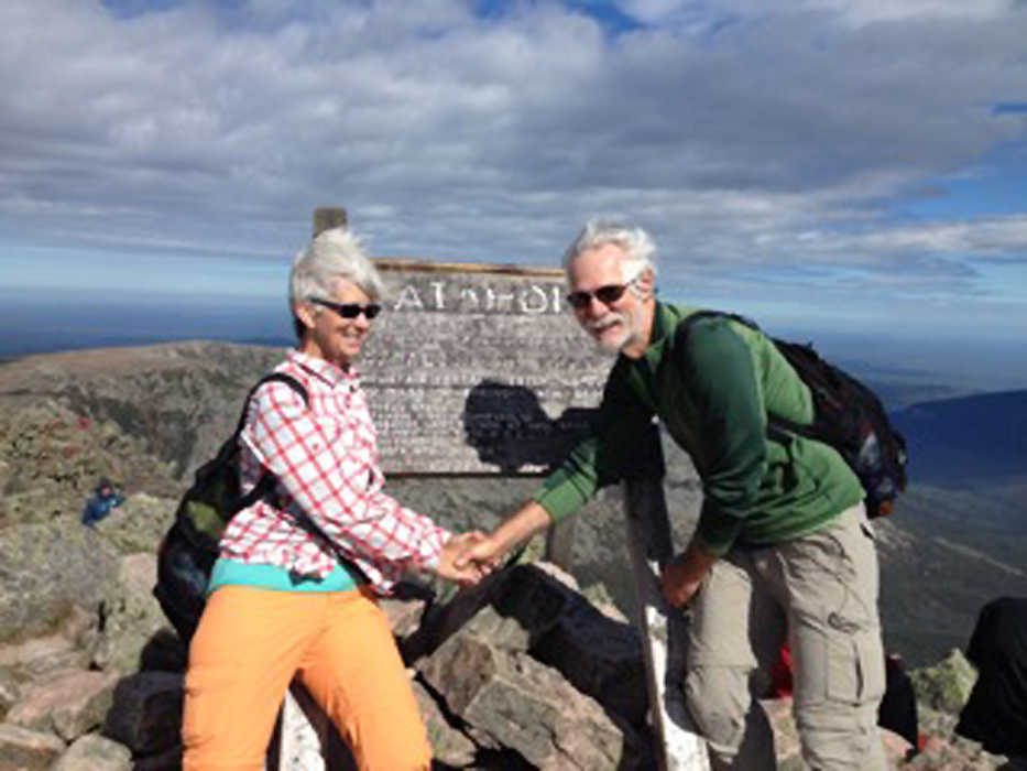 Mary and Tom Rhyner complete their trek of the Appalachian Trail on Mount Katahdin in Maine on Sept. 28, 2015. (Photo courtesy Tom and Mary Rhyner)