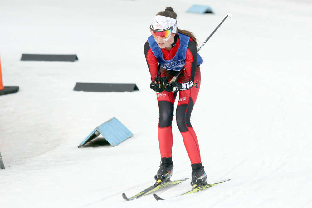 Photo by Caitlin Skvorc/Frontiersman.com Kenai Central sophomore Riana Boonstra rounds a corner en route to a 14th-place finish in the 7.5-kilometer classic race at the State Nordic Ski Championships at Kincaid Park in Anchorage on Friday.