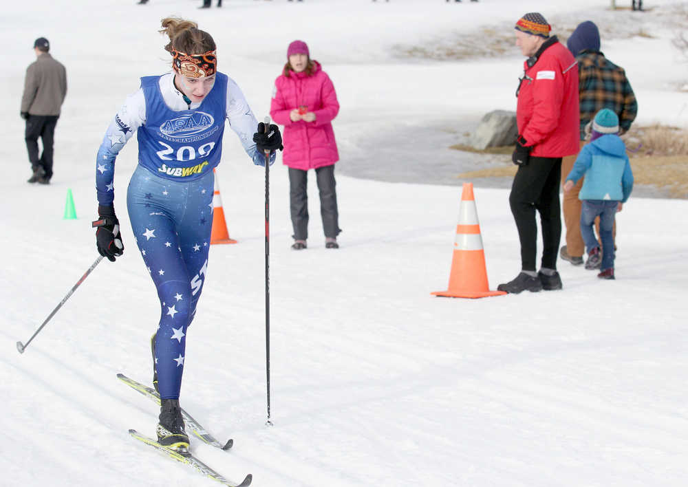 Photo by Caitlin Skvorc/Frontiersman.com Soldotna's Hannah Pothast charges toward an 18th-place finish in the 7.5-kilometer classic race Friday at the State Nordic Ski Championships at Kincaid Park in Anchorage.