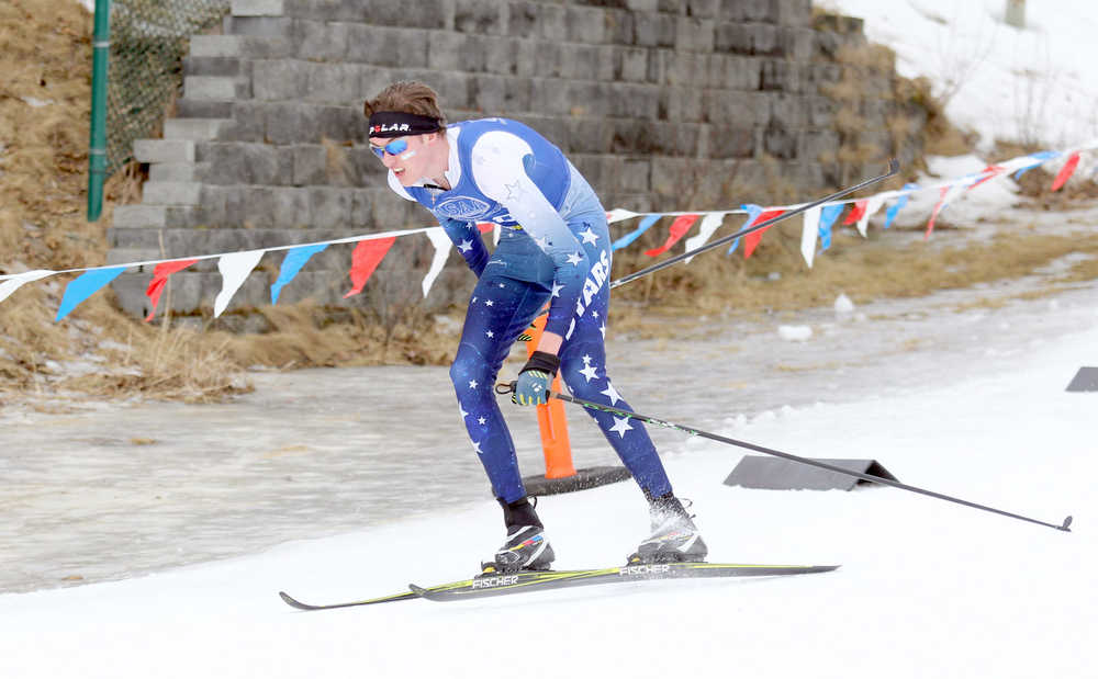 Photo by Caitlin Skvorc/Frontiersman.com Soldotna's John-Mark Pothast cruises down a hill during his 16th-place finish Friday at the State Nordic Ski Championships at Kincaid Park in Anchorage.
